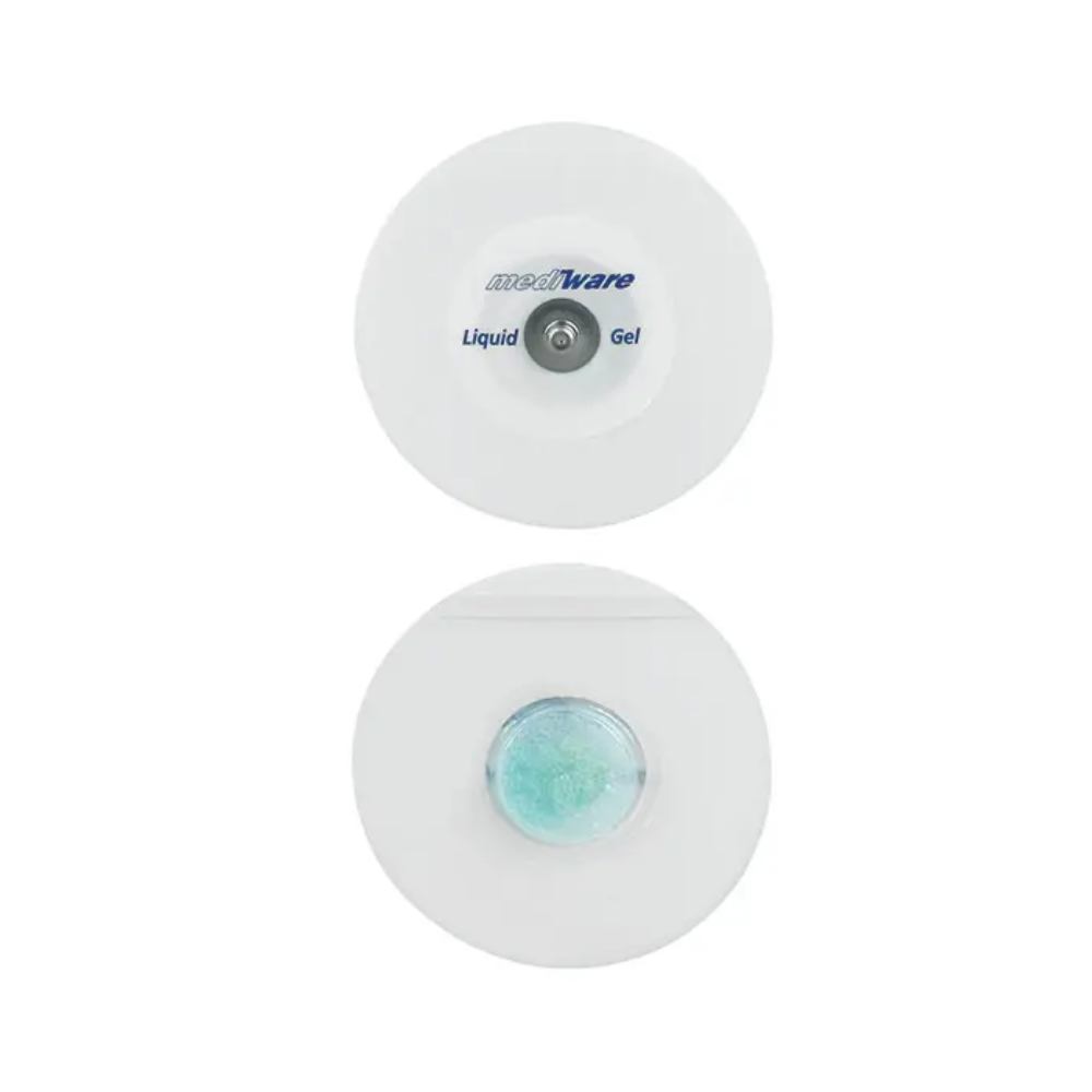 Imaginea arată doi electrozi rotunzi din spumă. Electrodul superior poartă inscripția „Servoprax GmbH”, ceea ce indică tehnologia Liquid-Gel. Electrodul inferior prezintă un centru de gel vizibil albastru-verzui. Ambele sunt fabricate pentru uz medical și sunt echipate cu un conector cu buton pentru o utilizare ușoară.