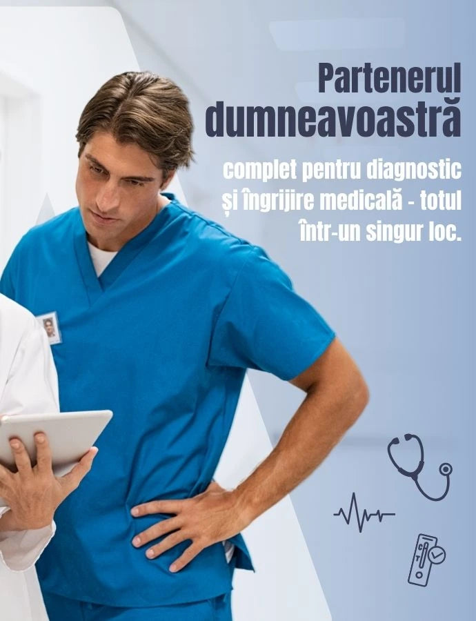 Trei profesioniști din domeniul sănătății stau împreună și privesc o tabletă, în timp ce în dreapta apare o zonă promoțională cu simboluri medicale