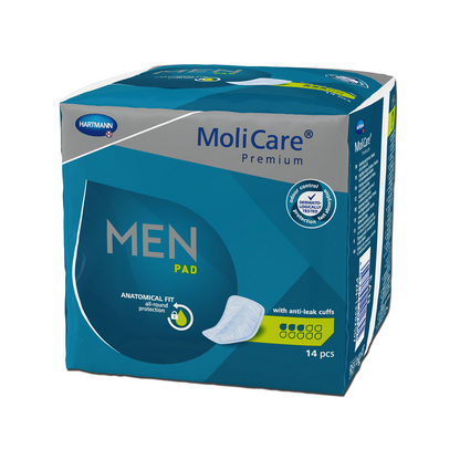 O cutie Hartmann MoliCare® Premium MEN PAD inserție - 14 bucăți, cu formă anatomică și margini anti-scurgere. Ambalajul este predominant albastru și conține informații despre produs și imagini.