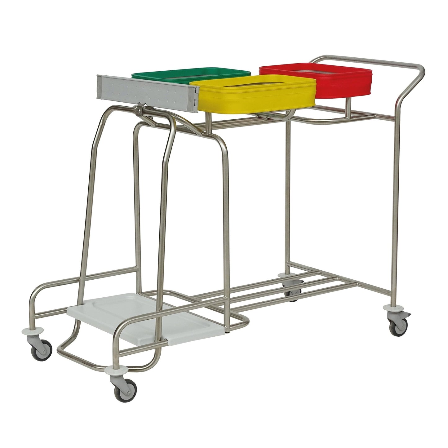 Colectorul de rufe din oțel inoxidabil Novocal "Compact plus" Triplu-combinat are un cadru din oțel inoxidabil, trei containere marcate pe culori (verde, galben, roșu), patru roți direcționale și un raft inferior alb.