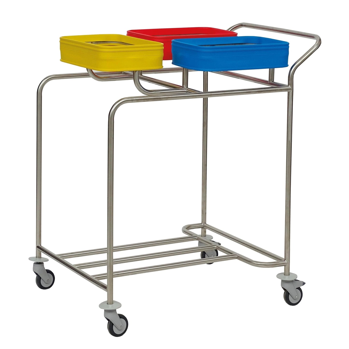 Colectorul de rufe din oțel inoxidabil Novocal "Kompakt plus" cu trei compartimente este format dintr-un cadru din oțel inoxidabil cu trei containere dreptunghiulare, marcate color (galben, roșu, albastru) pentru sortarea rufelor, care sunt montate pe patru roți pivotante.