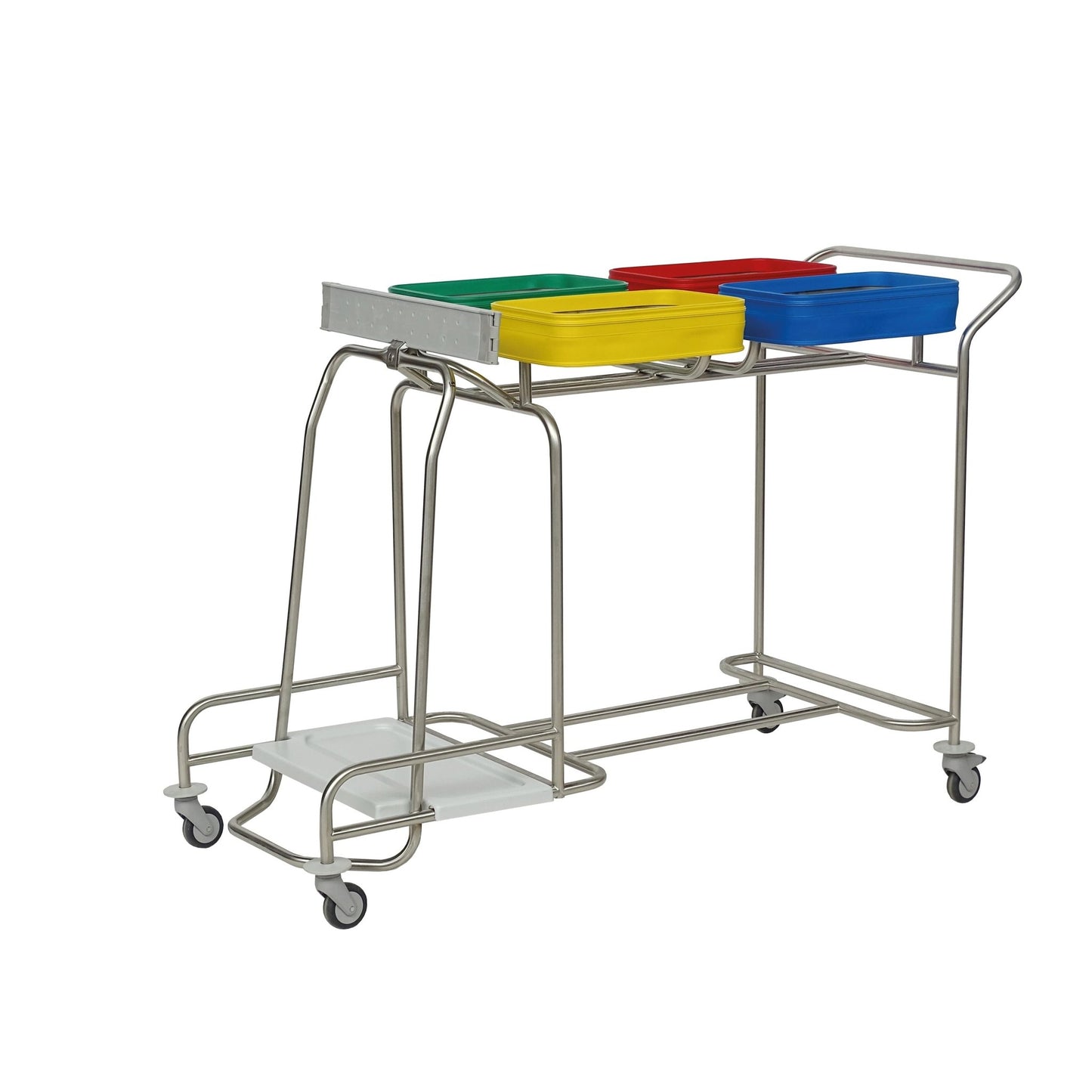 Colectorul de rufe din oțel inoxidabil Novocal "Kompakt plus" este un colector combinat cvadruplu cu recipiente colorate, raft inferior alb și roți practice - ideal pentru sortarea rufelor într-un mod eficient și care economisește spațiu.