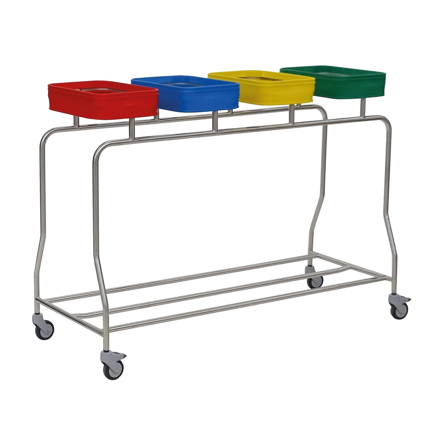 Colectorul de rufe din oțel inoxidabil cu patru compartimente "Kompakt" de la Novocal are patru capace pătrate codificate pe culori - roșu, albastru, galben și verde - pentru o sortare sau reciclare ușoară a rufelor și este echipat cu roți pentru o mobilitate convenabilă.