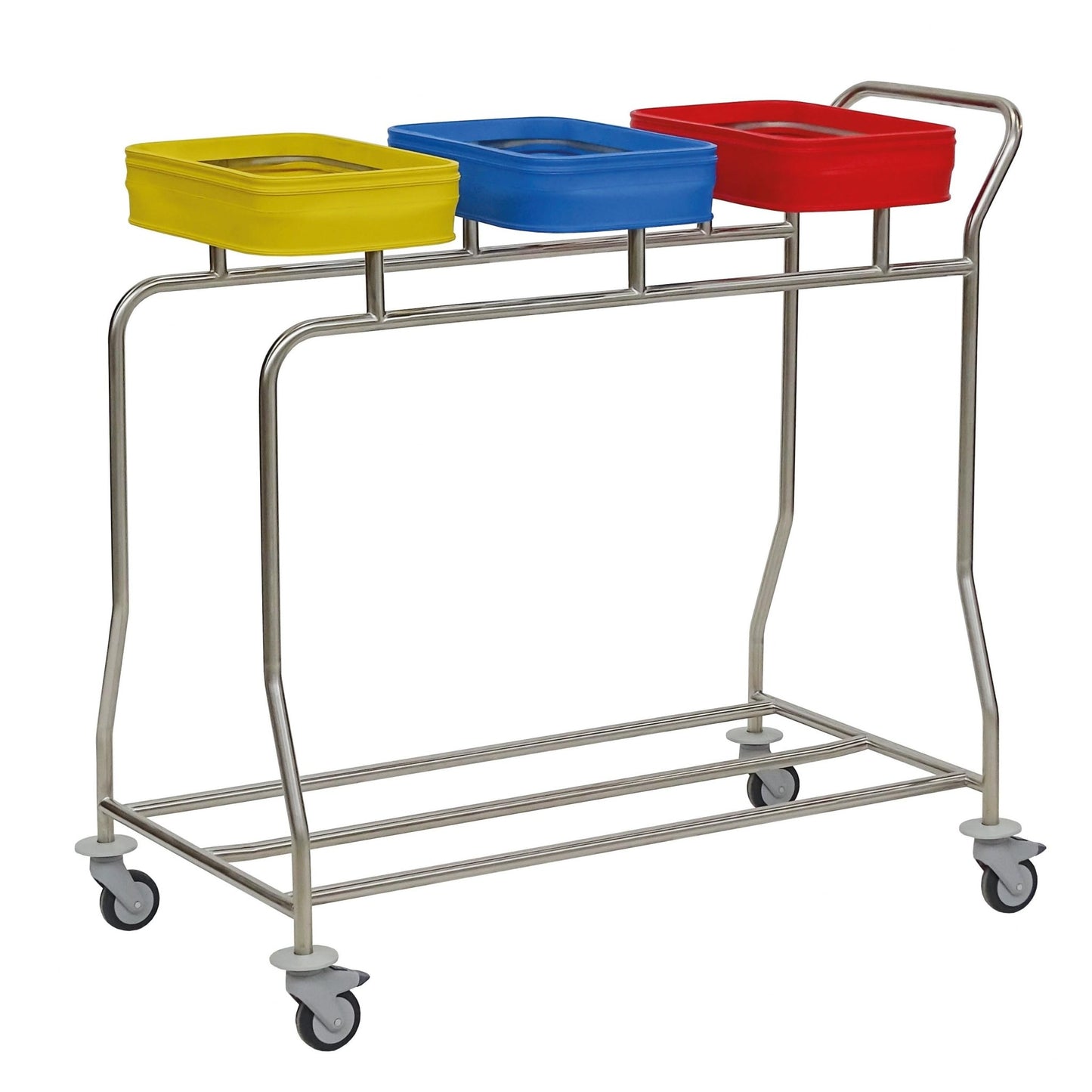 O soluție care economisește spațiu: Colectorul de rufe din oțel inoxidabil Novocal „Kompakt plus” cu trei containere colorate pe roți - ideal pentru sortarea sau colectarea diferitelor obiecte.