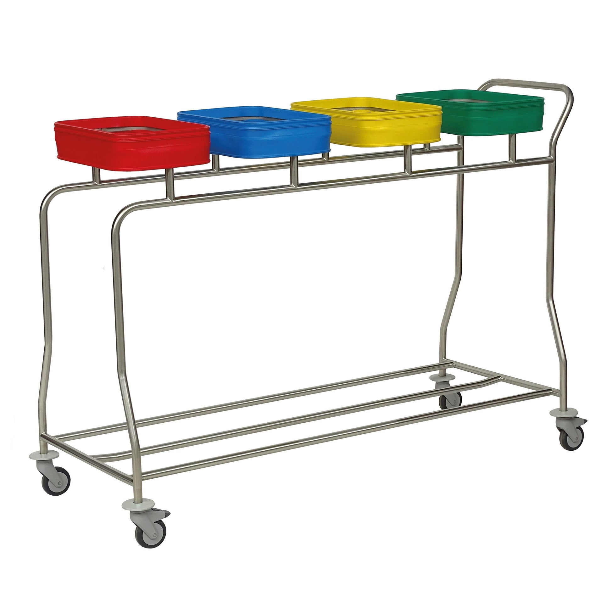 Der Novocal Edelstahl-Wäschesammler "Kompakt plus" ist ein Vierfachsammler mit farbcodierten Behältern in Rot, Blau, Gelb und Grün. Dank Rollen und Griff lässt er sich leicht transportieren.