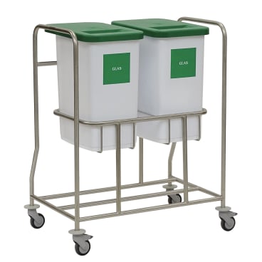 Colectorul de materiale reciclabile Novocal Kombisammler este format dintr-un cadru din oțel inoxidabil cu patru roți, care poartă două containere albe cu inscripția "STICLĂ" și capace verzi, care sunt fixate unul lângă altul pentru o separare eficientă a deșeurilor.