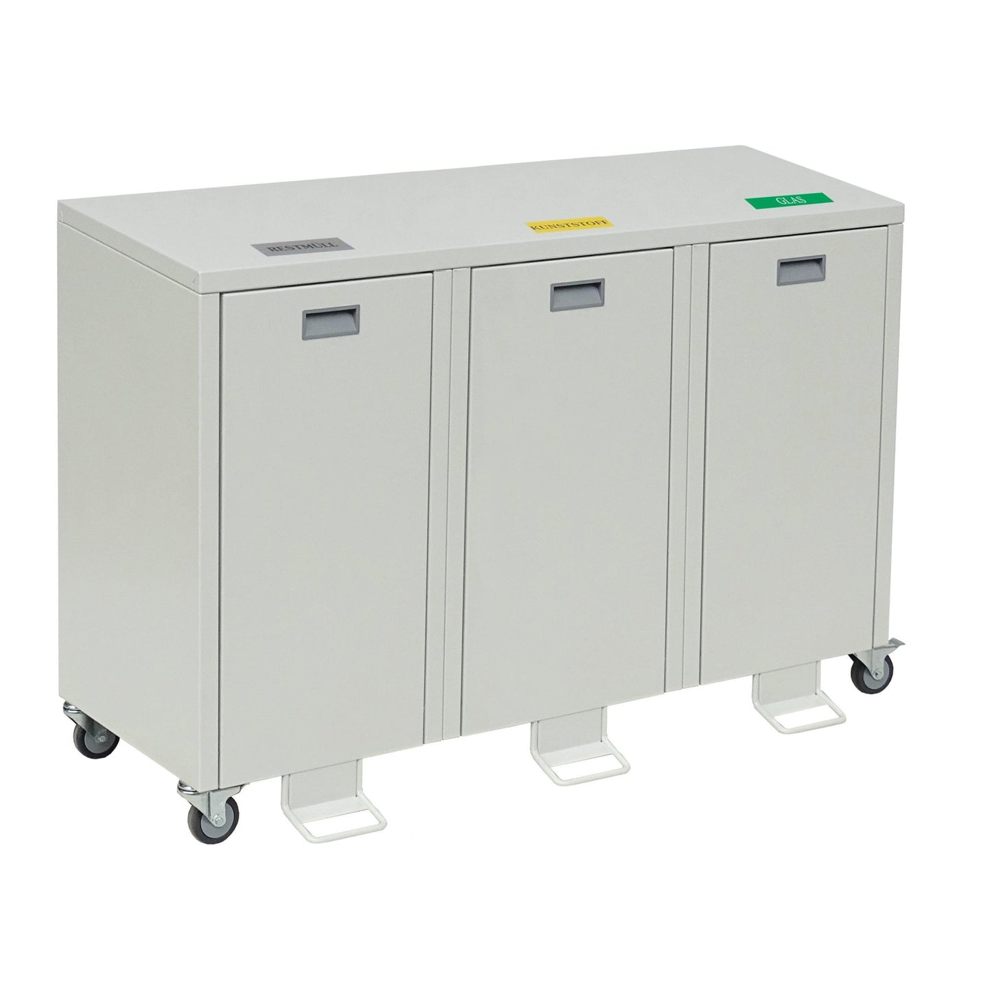 Dulapul de reciclare Novocal seria 3000 cu trei compartimente, din tablă de oțel acoperită cu plastic, oferă trei secțiuni separate și face sortarea deșeurilor pentru metal, materiale combustibile și doze convenabilă și eficientă.