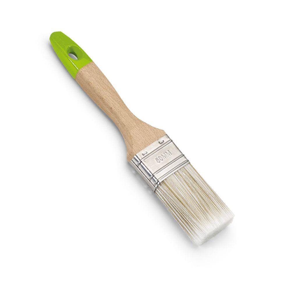 Pensula de vopsit Nölle Profi Brush Prestige are un mâner din lemn, un vârf de plastic verde și o bandă metalică ștanțată de 60 mm lățime și utilizează peri speciali complet sintetici albi pentru rezultate de vopsire de înaltă calitate.
