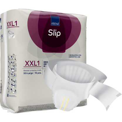Eine Verpackung mit der Aufschrift "ABENA Slip Premium" von Abena Re-Seller GmbH zeigt einen Einweg-Inkontinenzslip für die effektive Pflege, der sich durch sein saugfähiges Zentrum, die sicheren Klebelaschen und das für den bariatrischen Gebrauch geeignete Design auszeichnet.