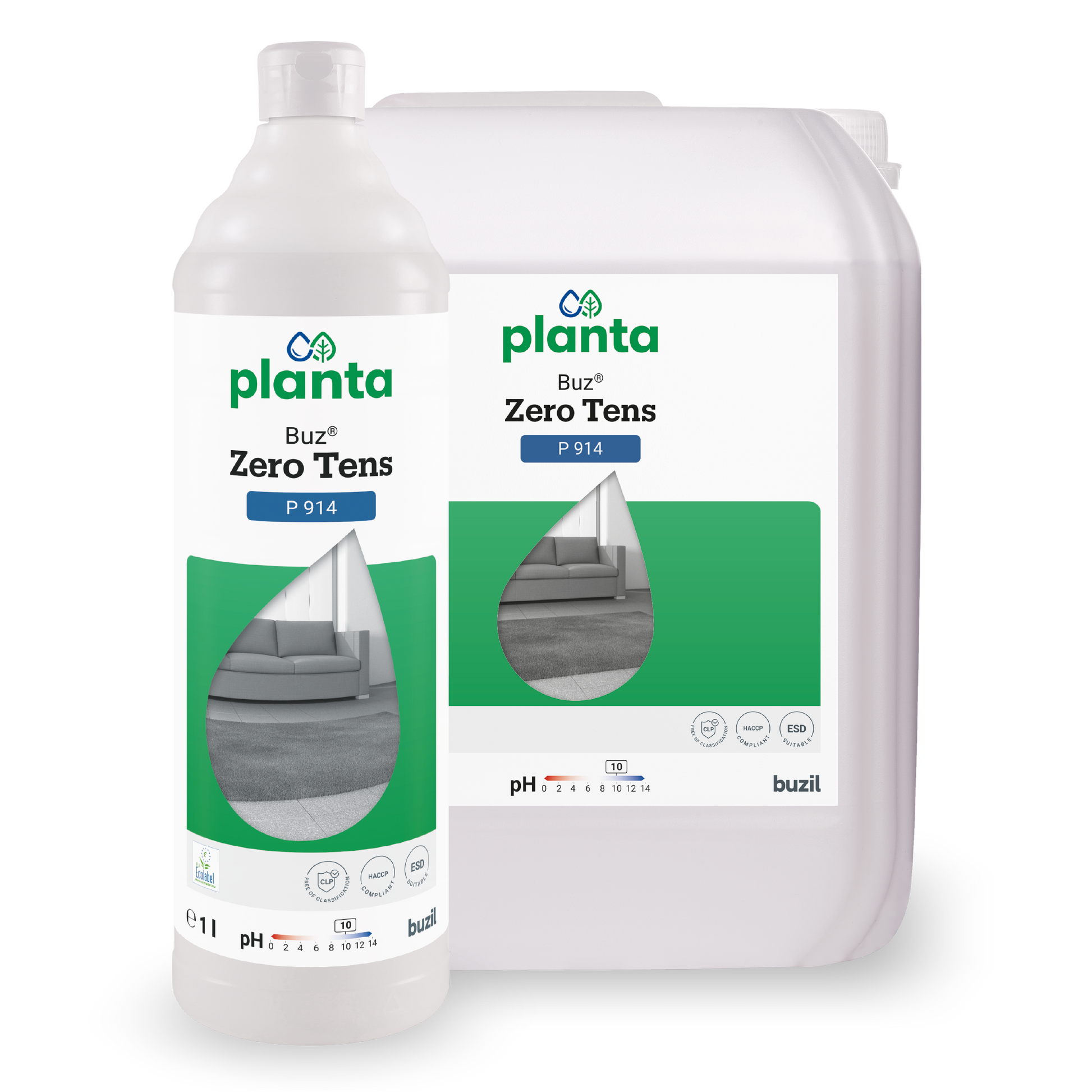 Zwei Gebinde des Buz® Zero Tens Universalreiniger farblos der BUZIL-WERK Wagner GmbH & Co. KG gezeigt - eine 1-Liter-Flasche und ein größerer Kanister, beide mit grün-weißen Etiketten, die ein sauberes Wohnzimmermotiv zeigen.