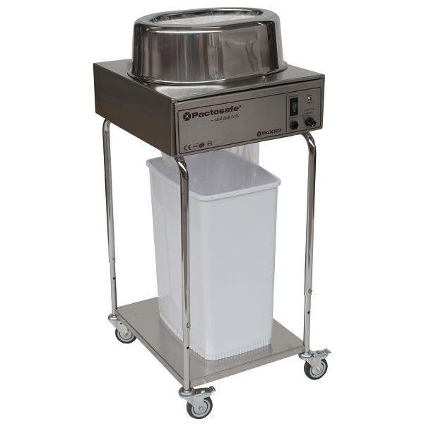 Dispozitivul de sigilare a deșeurilor Novocal Pactosafe deschis - versiunea de rețea din oțel inoxidabil este reglabil pe înălțime, pe patru role și dispune de un panou de control, o deschidere mare superioară, precum și un recipient alb pentru deșeuri pentru o eliminare eficientă în domeniile medicale.