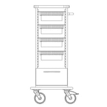 Schwarz-weiße Strichzeichnung des Novocal Pflege- und Arbeitswagen Fahrgestells mit vier Gepäckträgern, Griff, zwei großen Standrädern, Vollkunststoffplatte und einem Stromkabel an der unteren rechten Seite. Marke: Novocal. Verpackung: 1 Stück.