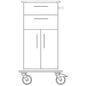 Desen liniar al unui cărucior de îngrijire și lucru Novocal cu placă completă din plastic solid, două roți mari și două mici, sertar superior, două uși inferioare, mâner pe partea dreaptă și șasiu robust.