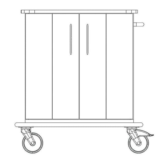 Strichzeichnung des Novocal Pflege- und Arbeitswagens: Nutzwagen mit zwei Schranktüren, Griff auf der rechten Seite und vier großen Rädern; mit einer robusten Vollkunststoffplatte. Die Vorderansicht zeigt zwei Räder. Marke: Novocal.