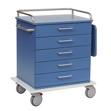Ein blaues Novocal Pflege- und Arbeitswagen Fahrgestell mit fünf Schubladen, Metallgriffen und -schienen, seitlichem Griff, rechter ausklappbarer Ablagefläche, vier Lenkrollen (eine davon mit rotem Bremspedal); hergestellt aus strapazierfähigem Vollkunststoffplatt.