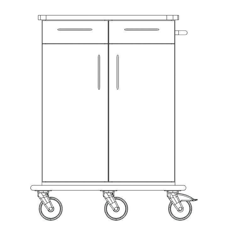 O schiță a șasiului căruciorului de îngrijire și muncă Novocal de la Novocal arată un cărucior cu două uși mari, două sertare, un mâner pe partea dreaptă și patru roți pivotante - ideal pentru depozitare sau transport.