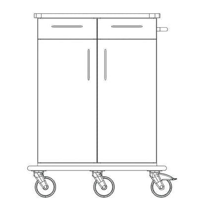 O schiță a șasiului căruciorului de îngrijire și muncă Novocal de la Novocal arată un cărucior cu două uși mari, două sertare, un mâner pe partea dreaptă și patru roți pivotante - ideal pentru depozitare sau transport.