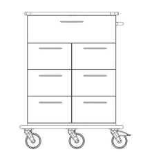 Strichzeichnung eines Novocal Pflege- und Arbeitswagen Fahrgestell aus Vollkunststoff mit großem Top-Schubfach, sechs kleineren Schubladen in zwei Reihen, rechtem Seiten-Griff und vier Lenkrollen an der Basis.