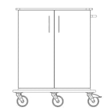 Eine Strichzeichnung des Novocal Pflege- und Arbeitswagen zeigt ein rechteckiges Fahrgestell mit zwei vertikalen Türen, vier Lenkrollen, einem seitlichen Griff und einer durchgehenden Vollkunststoffplatte für Stabilität und leichte Mobilität.