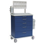 Ein Novocal Pflege- und Arbeitswagen aus blauem Vollkunststoff mit vier Schubladen, flacher Platte, durchsichtigem Organizer darüber, weißem Seitenkasten und vier Lenkrollen.