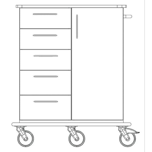 Strichzeichnung eines Novocal Pflege- und Arbeitswagens: Vollkunststoff-Fahrgestell mit vier linken Auszügen, einem rechten Hochschrank mit senkrechtem Griff, alles auf vier Lenkrollen. Marke: Novocal. Packung (1 Stück).