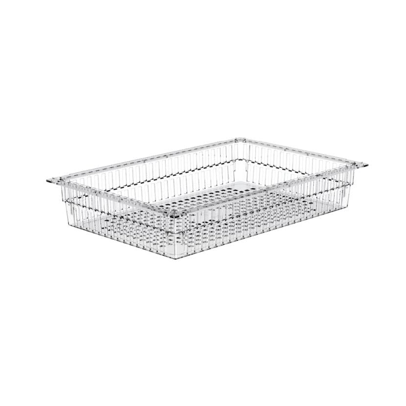 Coșul PC Novocal transparent divizibil (600 x 40 mm) este un recipient de depozitare dreptunghiular, transparent, cu fund perforat și părți laterale nervurate pentru ventilație, prezentat gol pe un fundal alb. Include opritoare de extragere. Ideal pentru depozitarea la birou. Ambalaj: 1 bucată.