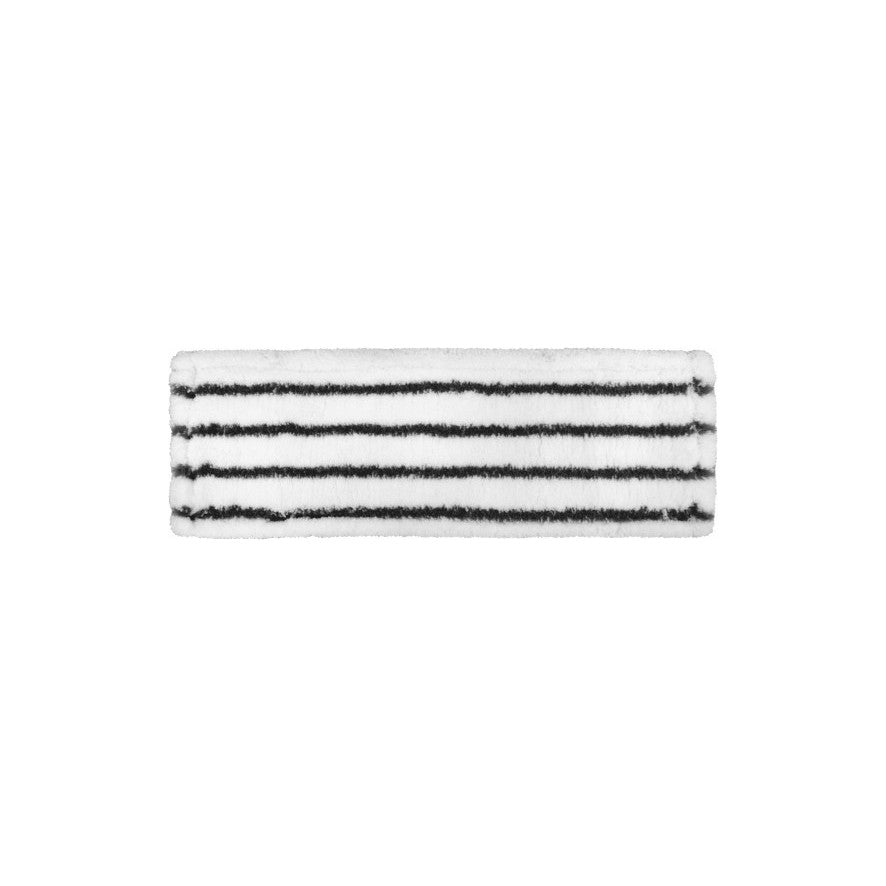 Arcora EXCELLENT HARD MOPP GRAU-WEISS de la Arcora International GmbH este un pad de mop dreptunghiular în gri-alb cu cinci dungi negre - ideal pentru curățarea eficientă a podelelor dure. Afișat pe un fundal alb.