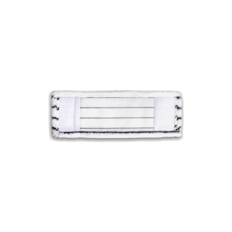 Arcora EXCELLENT HARD MOPP GRAU-WEISS de la Arcora International GmbH este un cap de mop dreptunghiular cu dungi negre și margine de material textil, conceput pentru podele dure, afișat pe un fundal alb simplu.