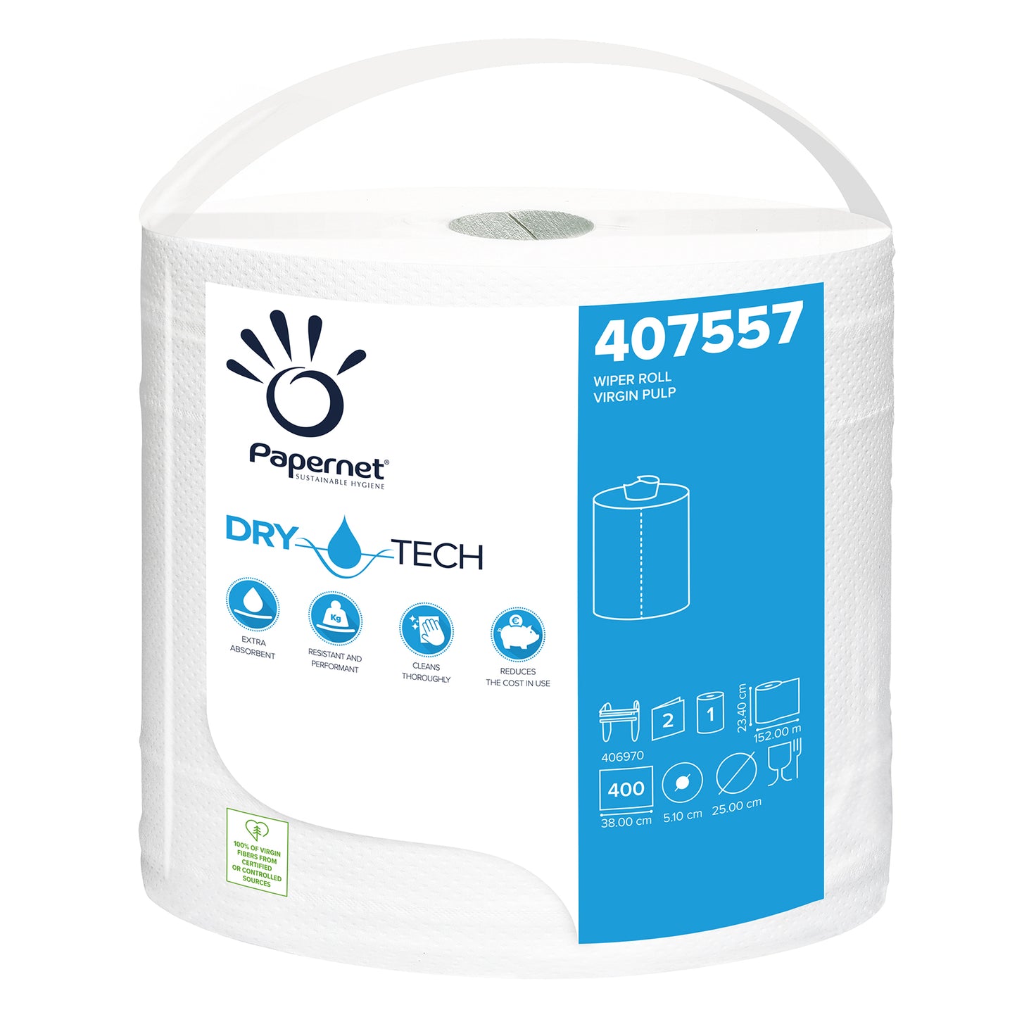 Un rulou de hârtie industrială Papernet 407557 de la Sofidel Germany GmbH se remarcă prin „tehnologia Dry Tech” de pe ambalaj. Este prevăzut cu simboluri de reciclare și conține 400 de foi, asigurând eficiență și sustenabilitate. Ruloul alb măsoară 380 cm x 51,0 cm x 25,0 cm, fiind astfel o alegere ideală pentru utilizarea industrială.