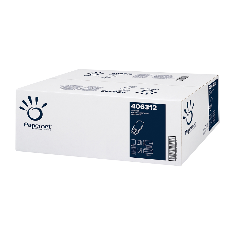 Un carton alb cu etichetă albastră poartă sigla Sofidel Germany GmbH și numărul de produs 406312. Acest carton este conceput pentru a găzdui Papernet W-Falz, un șervețel de mătase în trei straturi, și afișează pe părți imagini W-Falz, precum și text descriptiv.