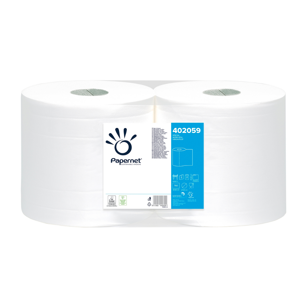 Două role mari Papernet de hârtie industrială 402059 de la Sofidel Germany GmbH sunt stivuite una lângă alta. Fiecare rolă este prevăzută cu o etichetă albă pe care se poate vedea logo-ul mărcii, numărul produsului 402059 și diverse detalii despre produs în scris albastru și negru, ideal pentru sarcini zilnice de curățenie.