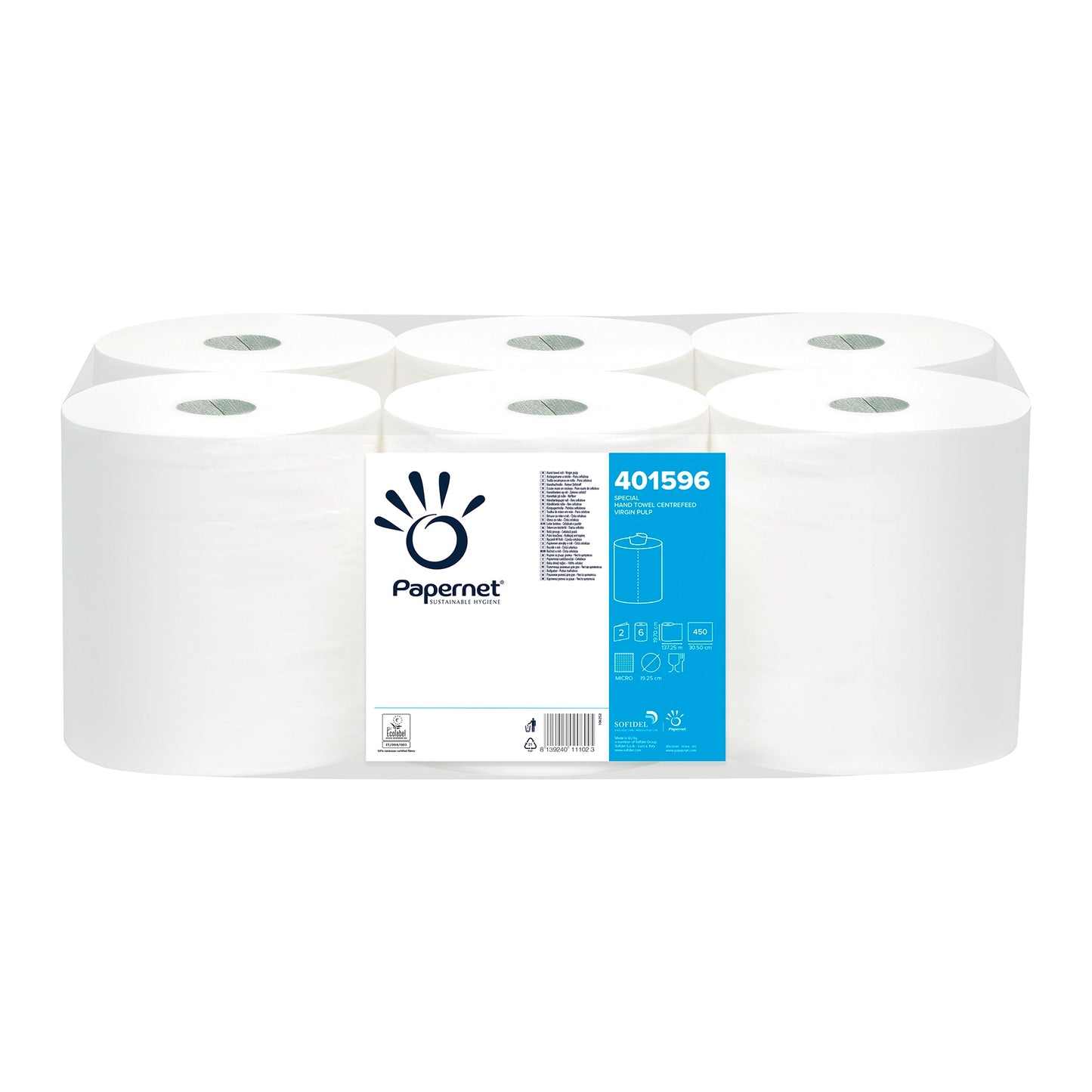 Ambalajul Sofidel Germany GmbH include șase role de prosoape de hârtie albe cu o etichetă albastră inscripționată cu textul „Papernet Rollenhandtuch Special 401596“. Eticheta conține imagini și detalii despre produs și subliniază designul prosoapelor de rolă și calitatea celulozei pentru o absorbție excelentă.