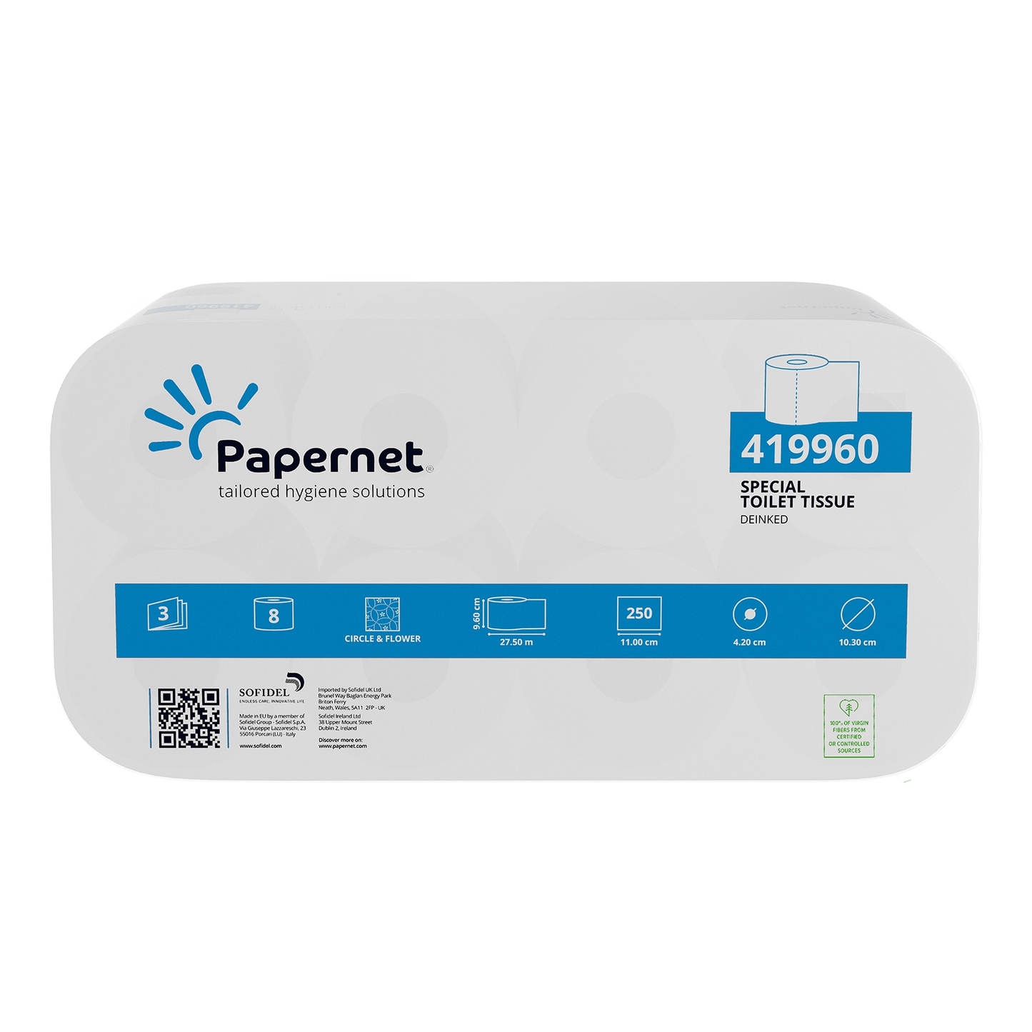 Die Verpackung für Papernet Toilettenpapier 419960, 3-lagig | Packung (8 Rollen) von Sofidel Germany GmbH wird mit dem Markenlogo und der Produktnummer präsentiert. Sie enthält Details wie 3-lagig, 8 Rollen pro Packung und 250 Blatt pro Rolle. Darüber hinaus verfügt sie über einen QR-Code und Zertifizierungssymbole, die auf die Qualität als Recyclingpapier (deinktes Papier) hinweisen.