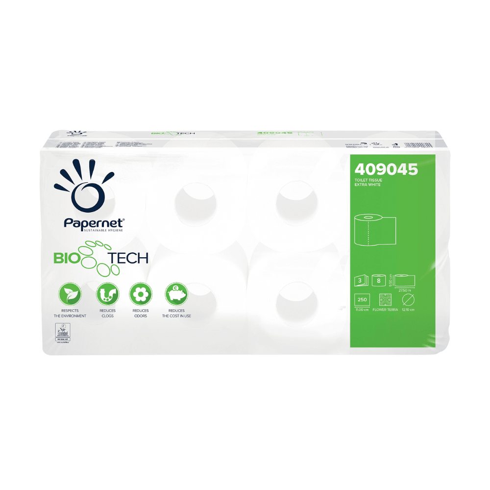Prezentăm Papernet hârtia igienică cu tehnologia Bio Tech de la Sofidel Germany GmbH, codul produsului 409045. Această hârtie igienică îmbunătățită cu tehnologia Biologic-Active-Tissue-Paper este livrată în role biodegradabile. Ambalajul predominant alb este prevăzut cu accente verzi pentru a evidenția caracteristicile ecologice, iar codul produsului este plasat vizibil în colțul din dreapta sus.