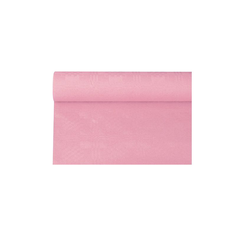 O bucată derulată din fața de masă de hârtie PAPSTAR cu imprimeu damasc, într-o nuanță de roz, se odihnește elegant pe un fundal alb.