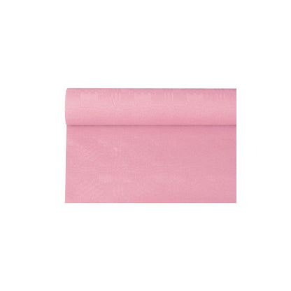 O bucată derulată din fața de masă de hârtie PAPSTAR cu imprimeu damasc, într-o nuanță de roz, se odihnește elegant pe un fundal alb.