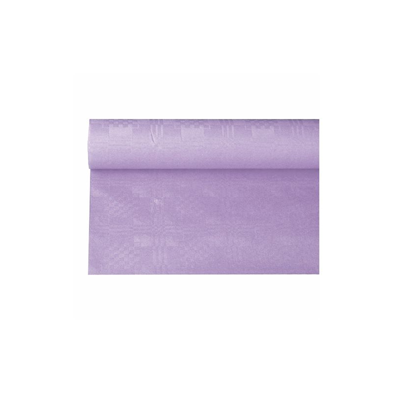 O față de masă de hârtie PAPSTAR cu imprimeu damasc într-o nuanță deschisă de lila, care amintește de o ocazie festivă, se derulează elegant pe un fundal alb și își dezvăluie suprafața netedă și culoarea uniformă cu modelul său damasc discret.