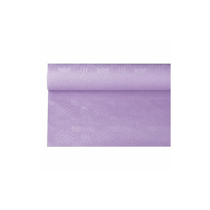 O față de masă de hârtie PAPSTAR cu imprimeu damasc într-o nuanță deschisă de lila, care amintește de o ocazie festivă, se derulează elegant pe un fundal alb și își dezvăluie suprafața netedă și culoarea uniformă cu modelul său damasc discret.