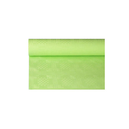 Un sul de față de masă de hârtie verde deschis cu imprimeu damasc de la PAPSTAR GmbH, cu dimensiunile 6 m x 1,2 m, ideal pentru ocazii festive, este parțial derulat pe un fundal alb.