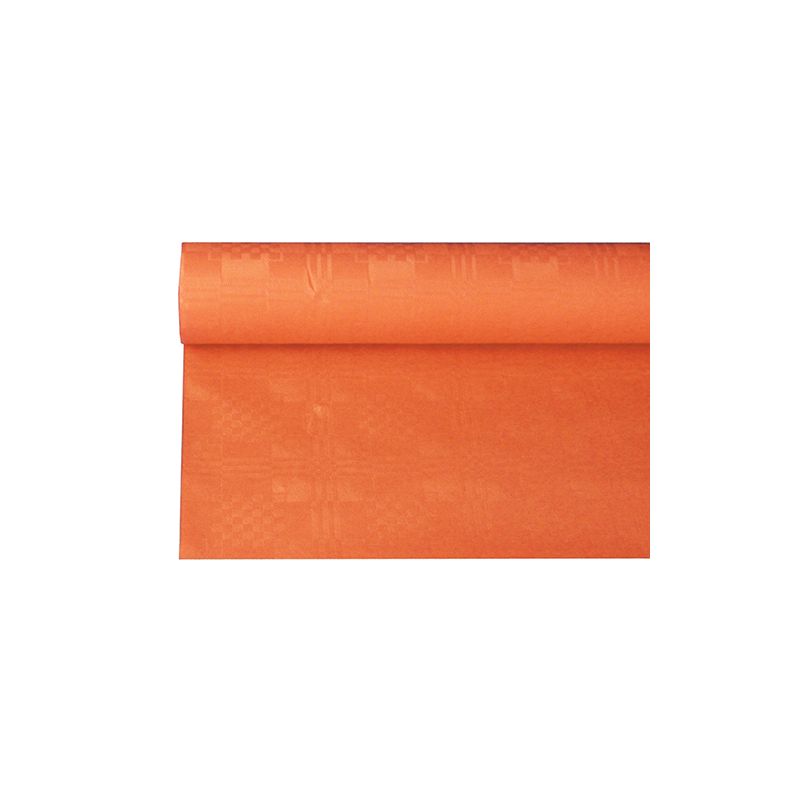 Un sul PAPSTAR de față de masă de hârtie cu imprimeu damasc în format 6 x 1,2 m este parțial derulat și își arată modelul complicat și structura pe un fundal alb simplu.