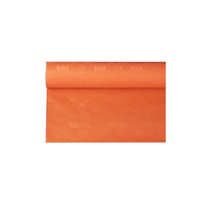 Un sul PAPSTAR de față de masă de hârtie cu imprimeu damasc în format 6 x 1,2 m este parțial derulat și își arată modelul complicat și structura pe un fundal alb simplu.