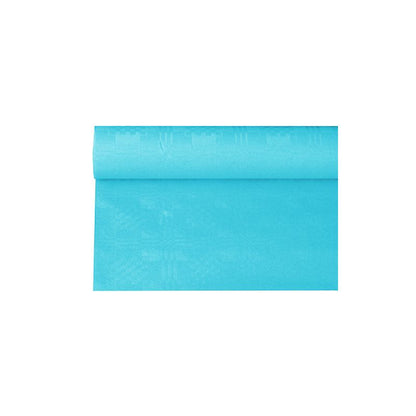 Un sul PAPSTAR de față de masă de hârtie cu imprimeu damasc într-o nuanță strălucitoare de albastru, cunoscut pentru textura sa netedă și imprimeul damasc elaborat, este parțial derulat pe un fundal alb simplu – ideal pentru ocazii festive.