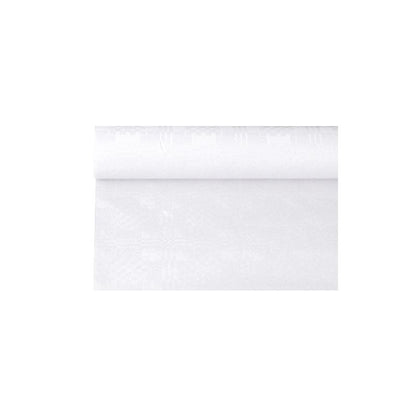 Un sul PAPSTAR de față de masă de hârtie cu imprimeu damasc de la PAPSTAR GmbH, asemănător unui tapet simplu alb pentru ocazii festive, este parțial derulat și își arată textura netedă și uniformă pe fundalul alb simplu.