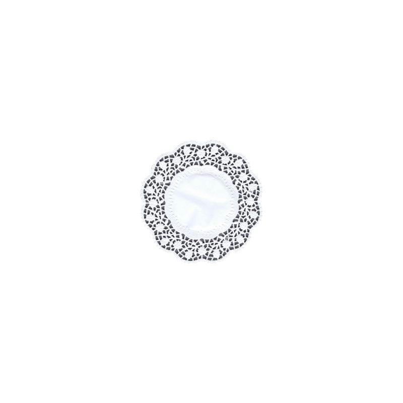 Un singur suport rotund alb de farfurie și ceașcă PAPSTAR (15 cm) cu decupaj în formă de dantelă, ideal pentru o decorare elegantă a mesei, este ilustrat pe un fundal alb simplu. Pachetul conține 100 de bucăți. Marca: PAPSTAR GmbH.