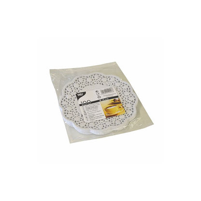 Un pachet sigilat cu 100 de suporturi rotunde albe de farfurie și ceașcă PAPSTAR (15 cm) de la PAPSTAR GmbH cu un design decorativ de dantelă pentru o masă elegant aranjată; eticheta arată o ceașcă de ceai și conține un cod de bare.