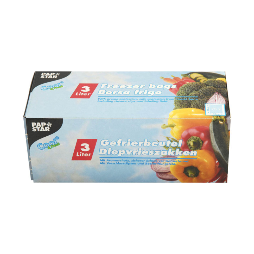 Se vede o cutie cu 75 de pungi de congelare Starpak cu o capacitate de 3 litri din LLDPE. Pe ambalaj sunt vizibile imagini ale diferitelor tipuri de legume și texte în mai multe limbi, inclusiv „Freezer bags”, „Gefrierbeutel” și „Borsa frigo”.