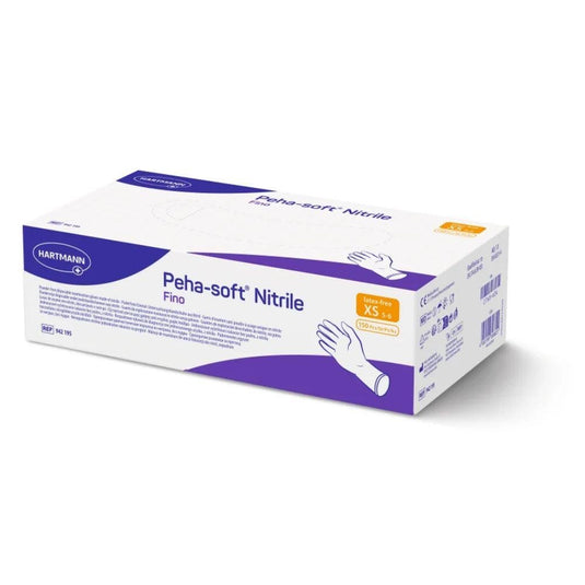 Cutie cu mănuși de unică folosință Peha-soft® nitrile fino de la Paul Hartmann AG, fără latex și fără pudră, cu ambalaj alb-violet, în mărimile XS – S. Prezintă pe lateral o imagine a unei mâini cu mănușă, coduri de bare și informații despre produs.
