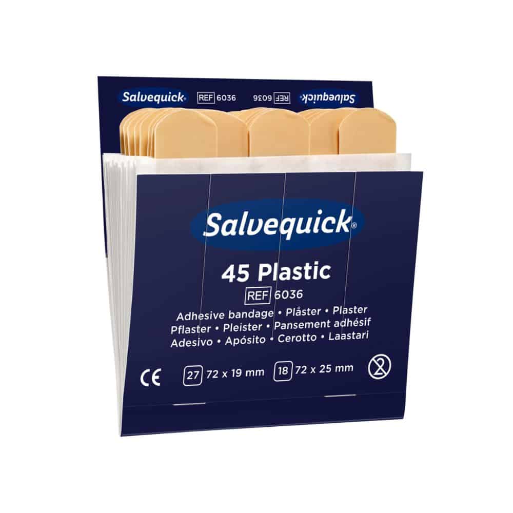 O cutie de plasturi Holthaus Medical Salvequick® Reumplere Plastic de la Holthaus Medical GmbH & Co. KG are inscripționat „45 Plastic“ și conține 45 de plasturi din plastic în două dimensiuni: 27 bucăți de 72 x 19 mm și 18 bucăți de 72 x 25 mm. Cutia alb-albastră conține text multilingv și este, prin urmare, perfectă ca reumplere Salvequick.