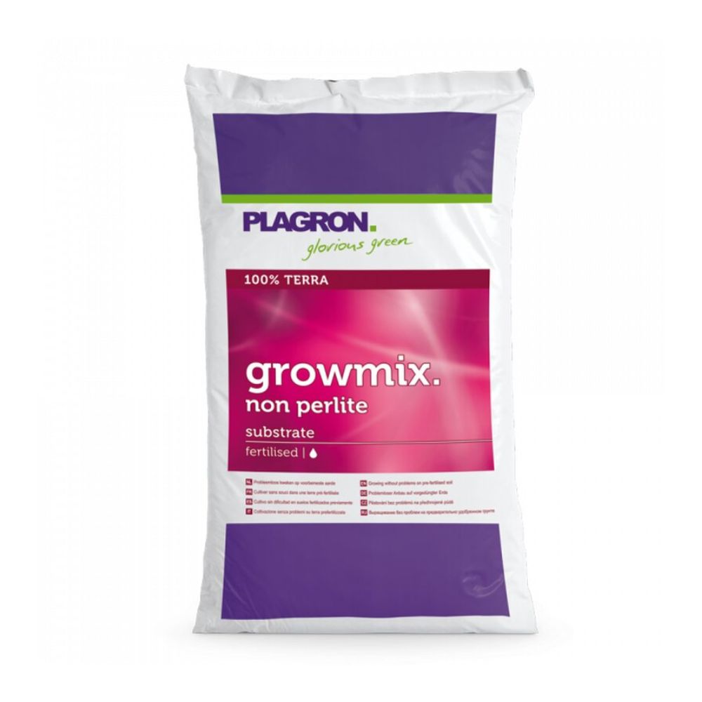 Imaginea arată un sac alb Plagron Growmix 50 l - fără perlit de la Bertels B.V. cu accente violete și roz și inscripția „Pământ premium pentru plante, pre-fertilizată pentru 100% fertilizare Terra, pentru a asigura o creștere sănătoasă a plantelor”.