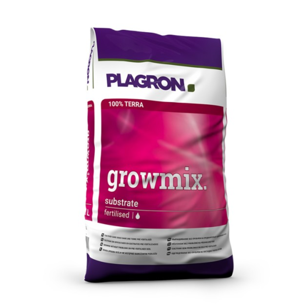 Plagron Growmix cu sac de perlit de la Bertels B.V. este prezentat într-un design unic lila-roz cu text alb izbitor. Este compus 100% din Terra, îmbogățit cu humus de vierme pentru o mai bună permeabilitate la aer, iar logo-ul mărcii este vizibil în mod proeminent în partea de sus.